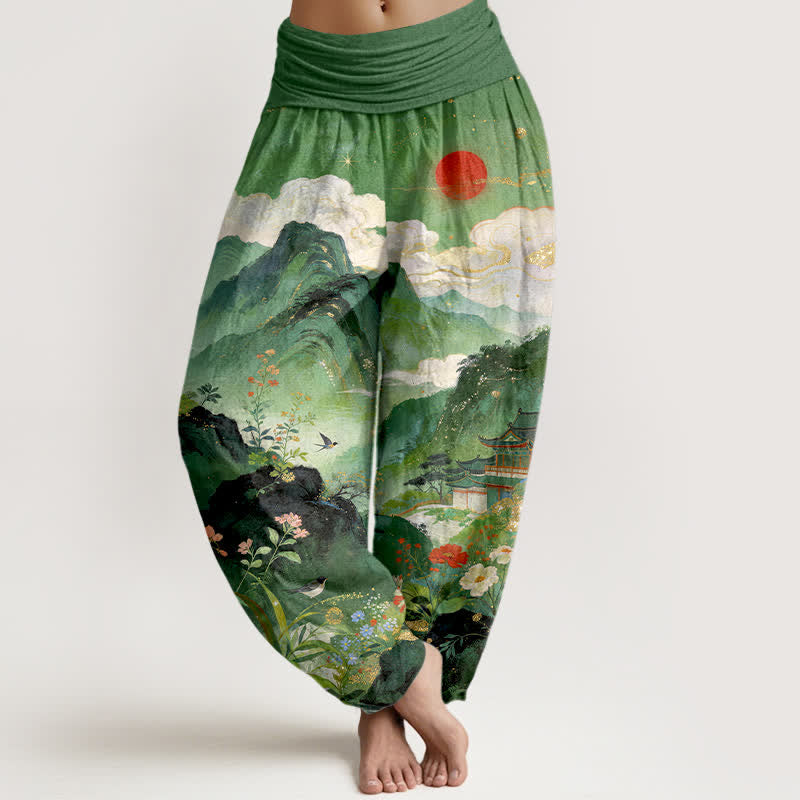 Buddha Stones Pantalones harem de cintura elástica para mujer con estampado de sol y diseño de pabellón de Cotton Mountain - Verdemar - US16，UK/AU20，EU48 (3XL) - image 0