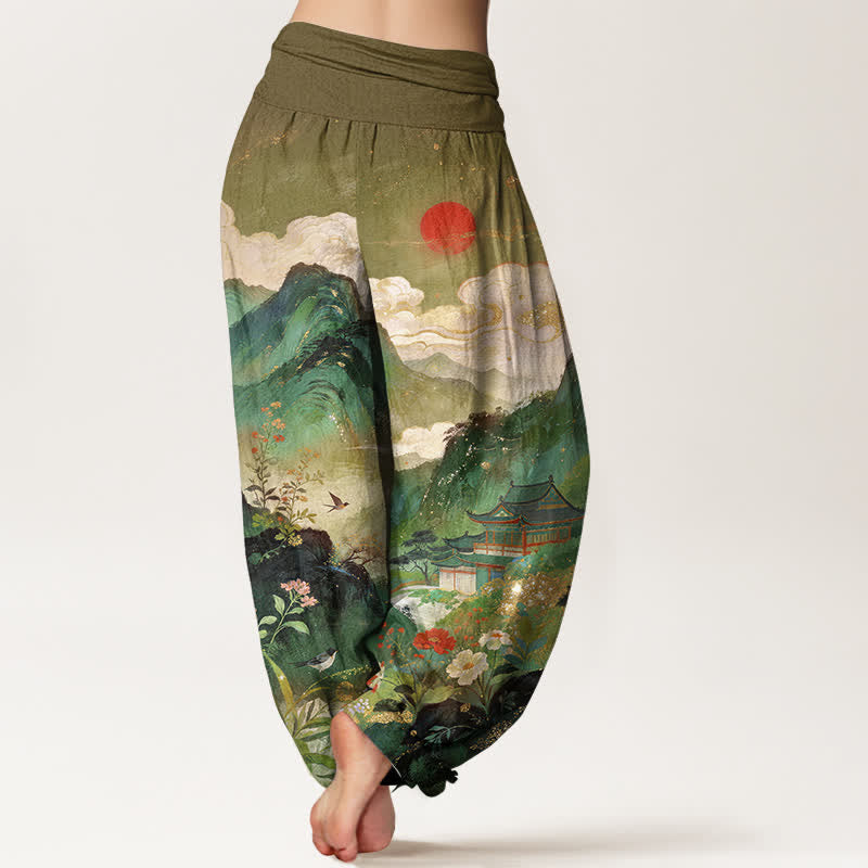 Buddha Stones Pantalones harem de cintura elástica para mujer con estampado de sol y diseño de pabellón de Cotton Mountain - image 7