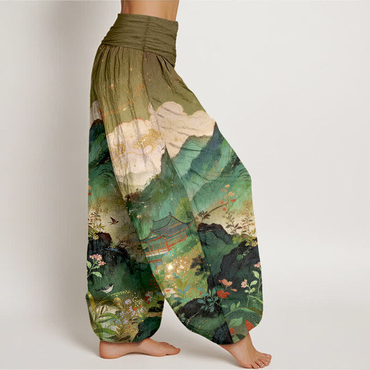 Buddha Stones Pantalones harem de cintura elástica para mujer con estampado de sol y diseño de pabellón de Cotton Mountain - image 6