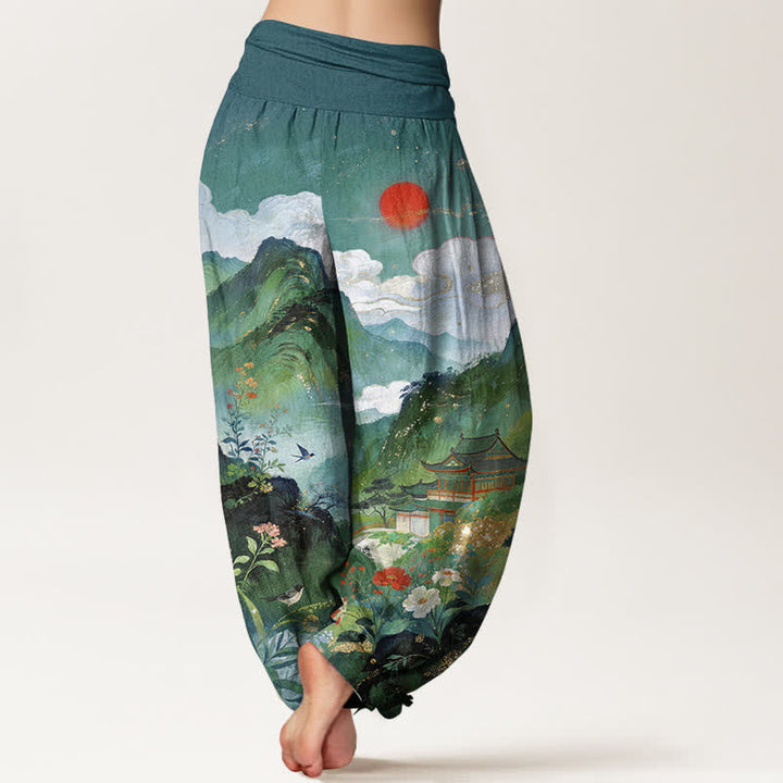 Buddha Stones Pantalones harem de cintura elástica para mujer con estampado de sol y diseño de pabellón de Cotton Mountain - image 10