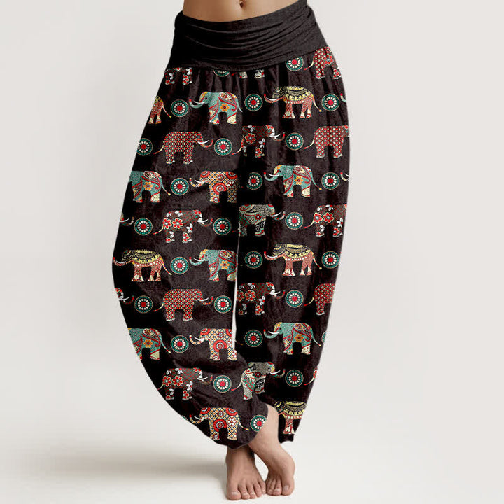 Buddha Stones Pantalones harem de mujer con cintura elástica y estampado de mandala de elefante de algodón - Negro - US16，UK/AU20，EU48 (3XL) - image 0