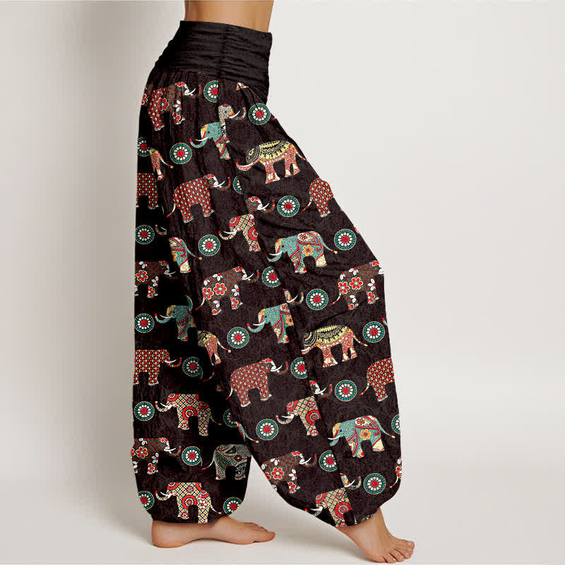 Buddha Stones Pantalones harem de mujer con cintura elástica y estampado de mandala de elefante de algodón - image 1