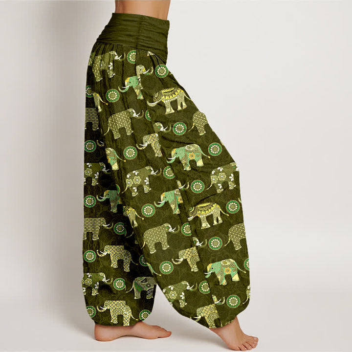 Buddha Stones Pantalones harem de mujer con cintura elástica y estampado de mandala de elefante de algodón - image 6
