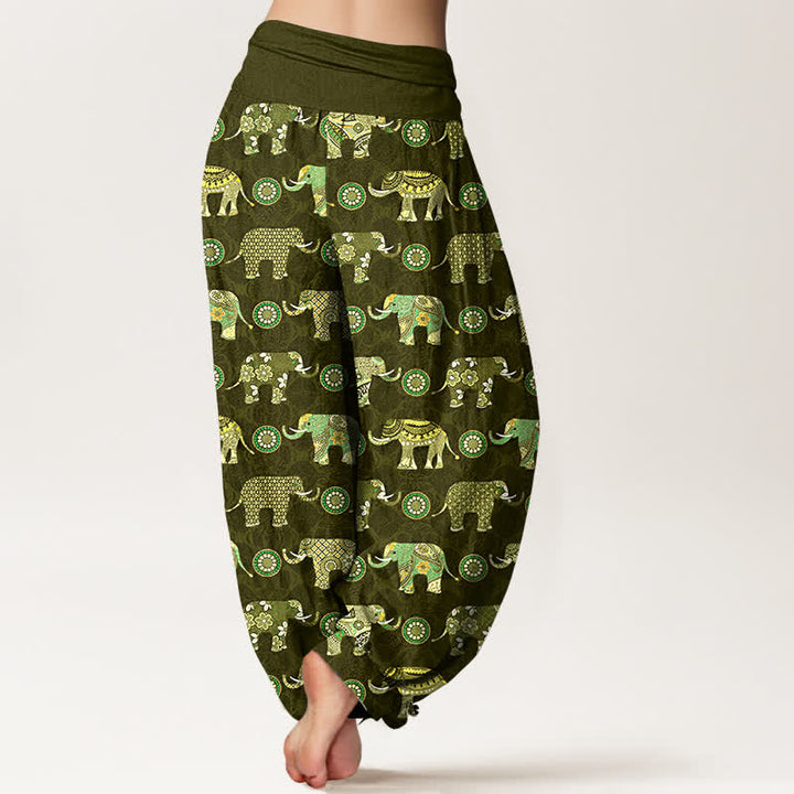 Buddha Stones Pantalones harem de mujer con cintura elástica y estampado de mandala de elefante de algodón - image 7