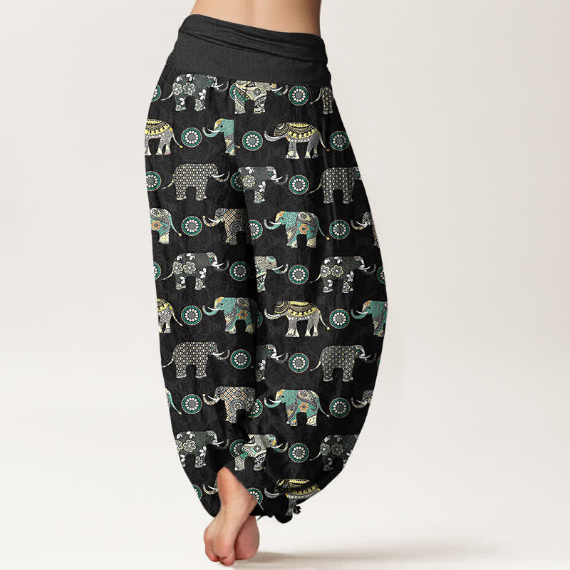 Buddha Stones Pantalones harem de mujer con cintura elástica y estampado de mandala de elefante de algodón - image 10