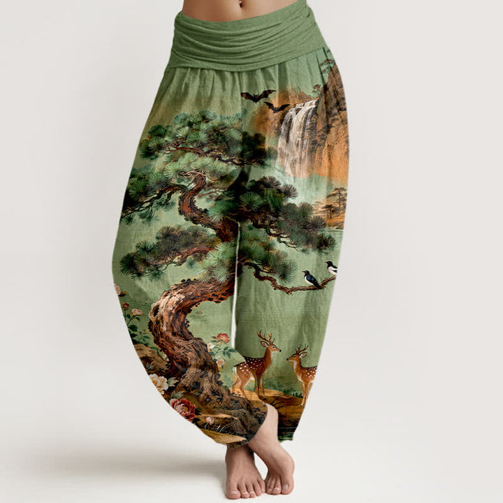 Buddha Stones Pantalones harem de cintura elástica para mujer con estampado de ciervos de Cotton Mountain Pine. - Verdemar - US16，UK/AU20，EU48 (3XL) - image 0