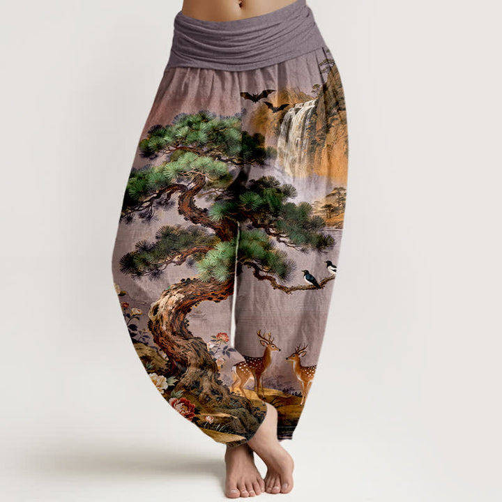 Buddha Stones Pantalones harem de cintura elástica para mujer con estampado de ciervos de Cotton Mountain Pine. - Índigo - US16，UK/AU20，EU48 (3XL) - image 5