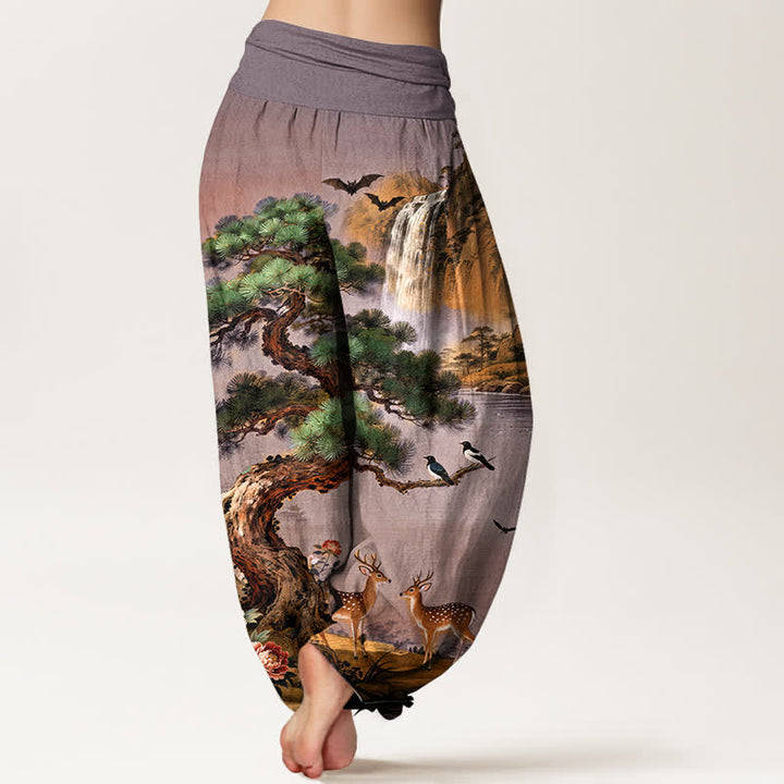 Buddha Stones Pantalones harem de cintura elástica para mujer con estampado de ciervos de Cotton Mountain Pine. - image 7