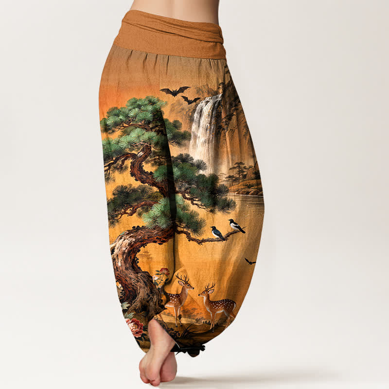 Buddha Stones Pantalones harem de cintura elástica para mujer con estampado de ciervos de Cotton Mountain Pine. - image 10