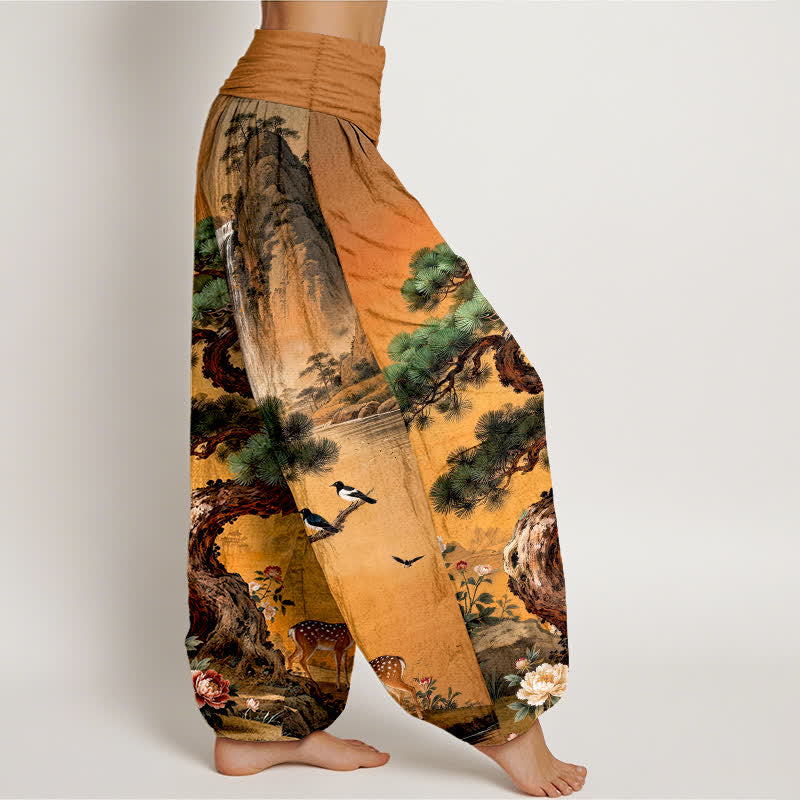 Buddha Stones Pantalones harem de cintura elástica para mujer con estampado de ciervos de Cotton Mountain Pine. - image 9