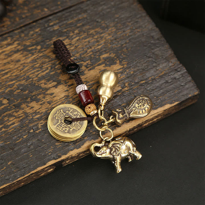 Buddha Stones Llaveros de sabiduría Pi Xiu con forma de elefante de latón y cinco monedas del emperador. - Monedas Bolsa de dinero Calabaza - image 1
