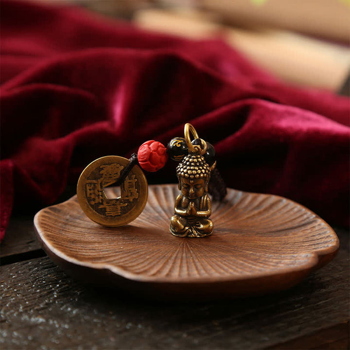 Buddha Stones Llaveros de latón con forma de Buda, cinco monedas de emperador y cordón trenzado, símbolo de la compasión. - image 11