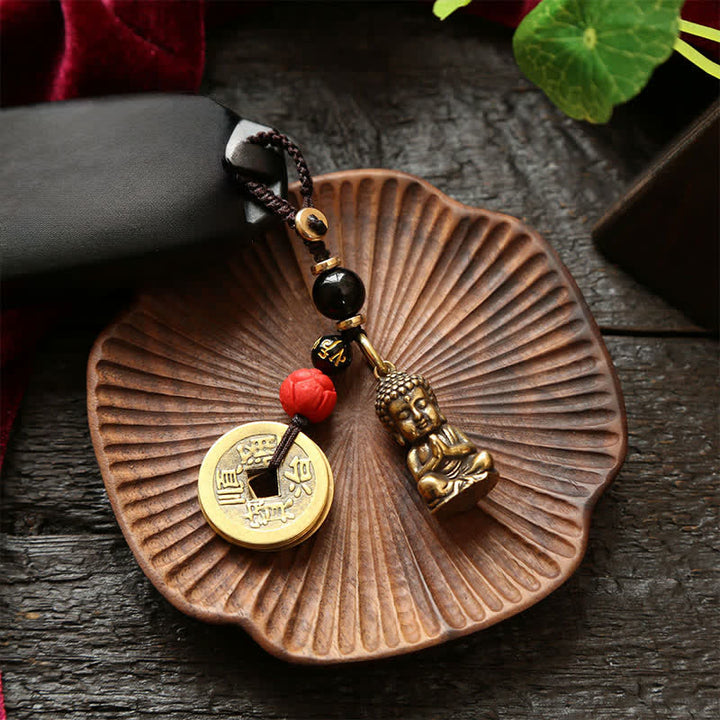 Buddha Stones Llaveros de latón con forma de Buda, cinco monedas de emperador y cordón trenzado, símbolo de la compasión. - image 13