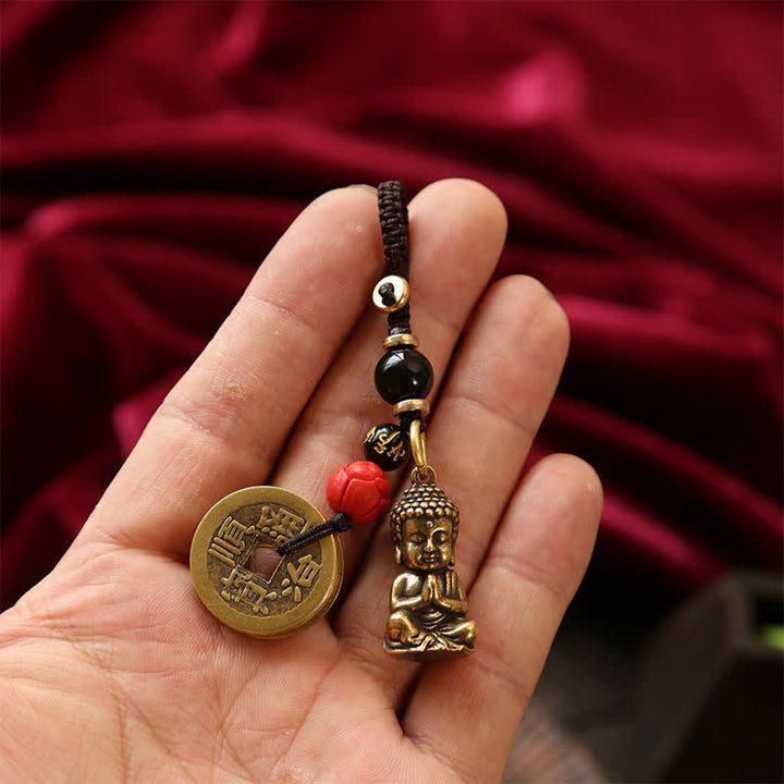 Buddha Stones Llaveros de latón con forma de Buda, cinco monedas de emperador y cordón trenzado, símbolo de la compasión. - image 15