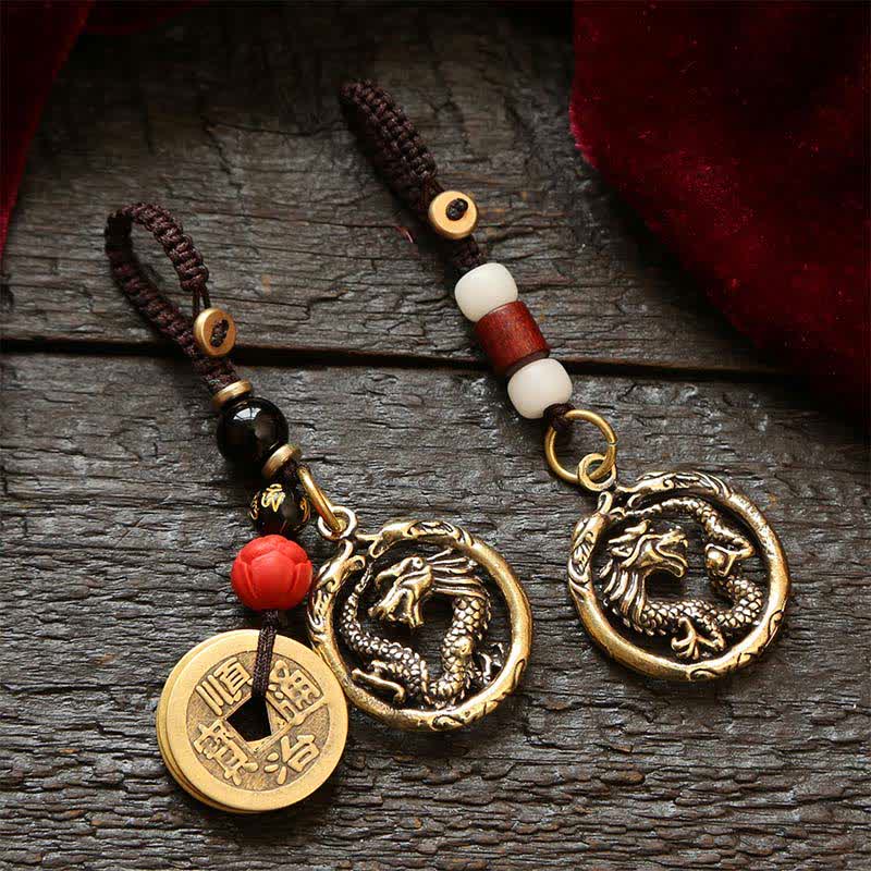 Buddha Stones Llaveros redondos trenzados con diseño de dragón de cobre y riqueza - image 0