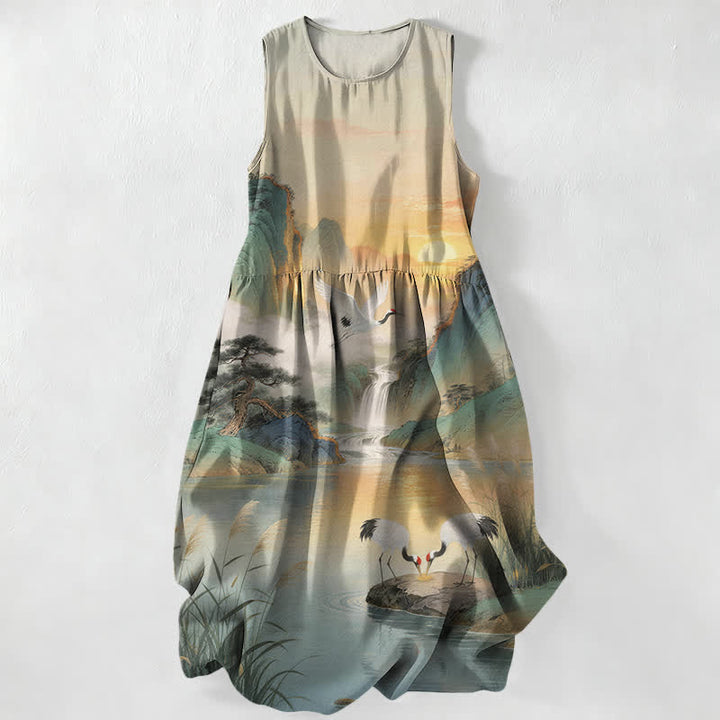 Buddha Stones Vestido midi de verano informal para mujer con estampado de paisaje de cascada y grullas, sin mangas y con bolsillos. - Gainsboro - US16，UK/AU20，EU48 (3XL) - image 0