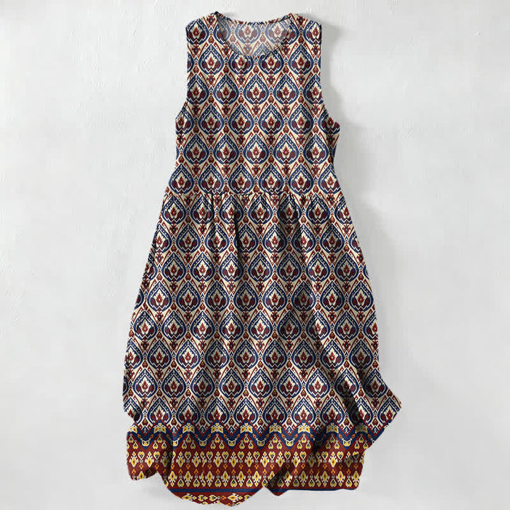 Buddha Stones Vestido midi de verano informal bohemio con estampado geométrico Ikat para mujer, sin mangas y con bolsillos. - Rojo oscuro - US16，UK/AU20，EU48 (3XL) - image 0