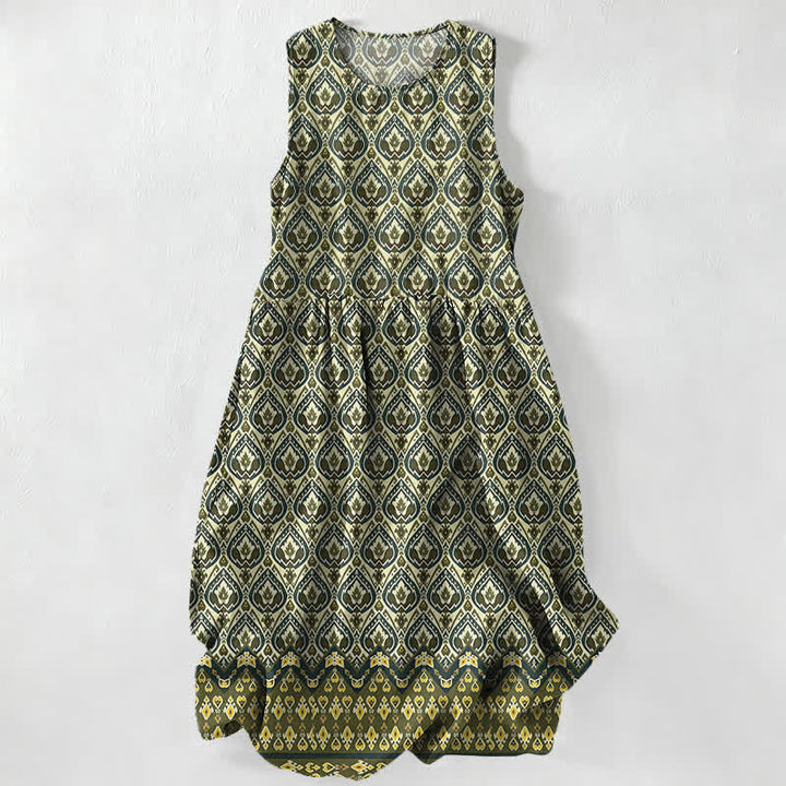 Buddha Stones Vestido midi de verano informal bohemio con estampado geométrico Ikat para mujer, sin mangas y con bolsillos. - Verde oliva oscuro - US16，UK/AU20，EU48 (3XL) - image 5