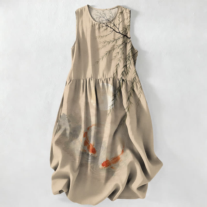 Buddha Stones Vestido midi de verano informal para mujer con estampado de koi y sauce, sin mangas y con bolsillos. - Broncearse - US16，UK/AU20，EU48 (3XL) - image 0