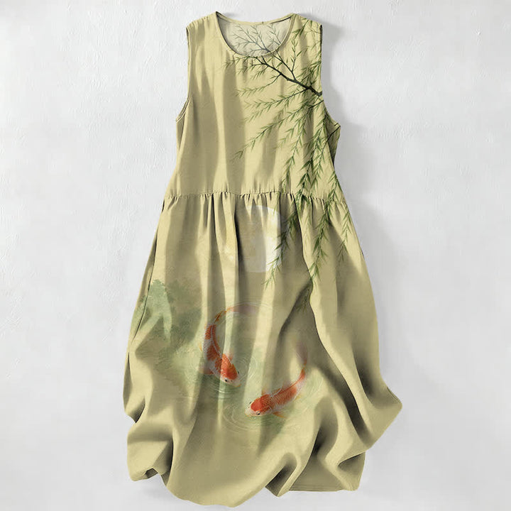 Buddha Stones Vestido midi de verano informal para mujer con estampado de koi y sauce, sin mangas y con bolsillos. - Verde amarillento - US16，UK/AU20，EU48 (3XL) - image 4