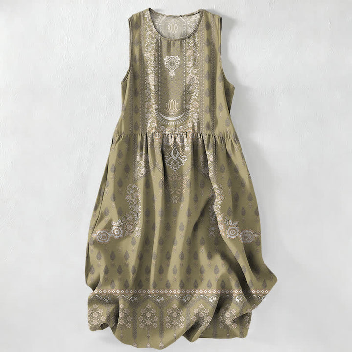 Buddha Stones Vestido midi de verano informal estilo bohemio étnico con estampado de medallón y bolsillos para mujer. - Aceituna - US16，UK/AU20，EU48 (3XL) - image 4