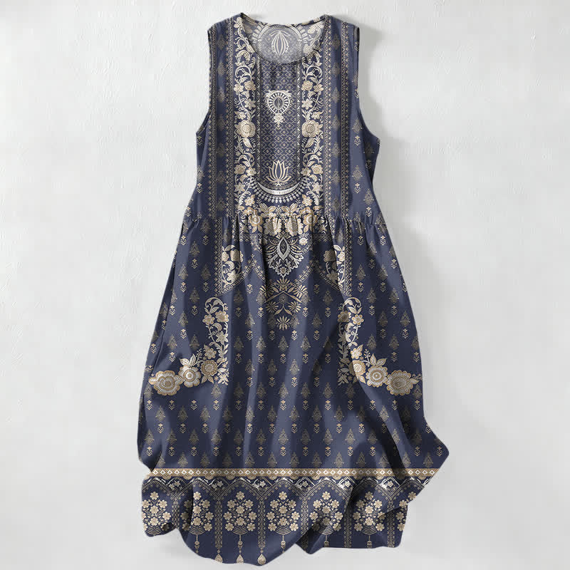 Buddha Stones Vestido midi de verano informal estilo bohemio étnico con estampado de medallón y bolsillos para mujer. - Marina de guerra - US16，UK/AU20，EU48 (3XL) - image 5