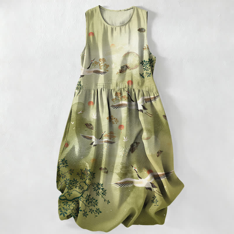 Buddha Stones Vestido midi de verano informal para mujer con estampado botánico de grullas y sol, sin mangas y con bolsillos. - Verde oliva - US16，UK/AU20，EU48 (3XL) - image 5