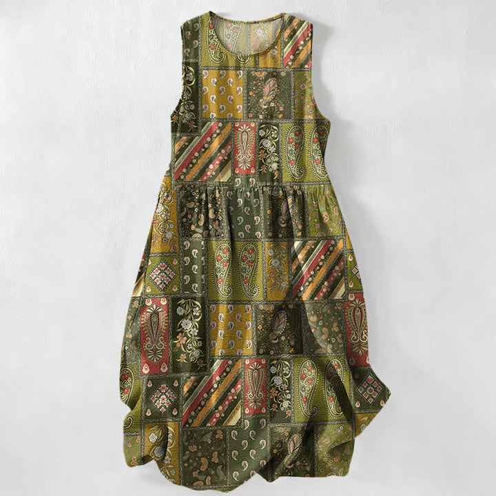 Buddha Stones Vestido midi de verano informal para mujer, color verde oliva, con estampado floral paisley y patchwork, sin mangas y con bolsillos. - Caqui oscuro - US16，UK/AU20，EU48 (3XL) - image 4