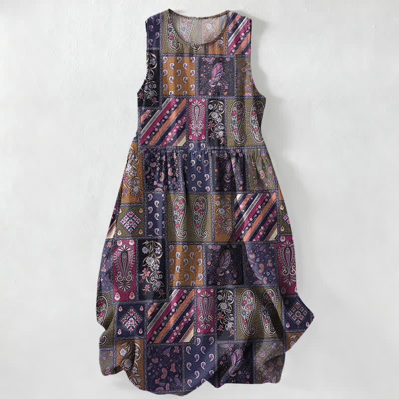 Buddha Stones Vestido midi de verano informal para mujer, color verde oliva, con estampado floral paisley y patchwork, sin mangas y con bolsillos. - Índigo - US16，UK/AU20，EU48 (3XL) - image 5