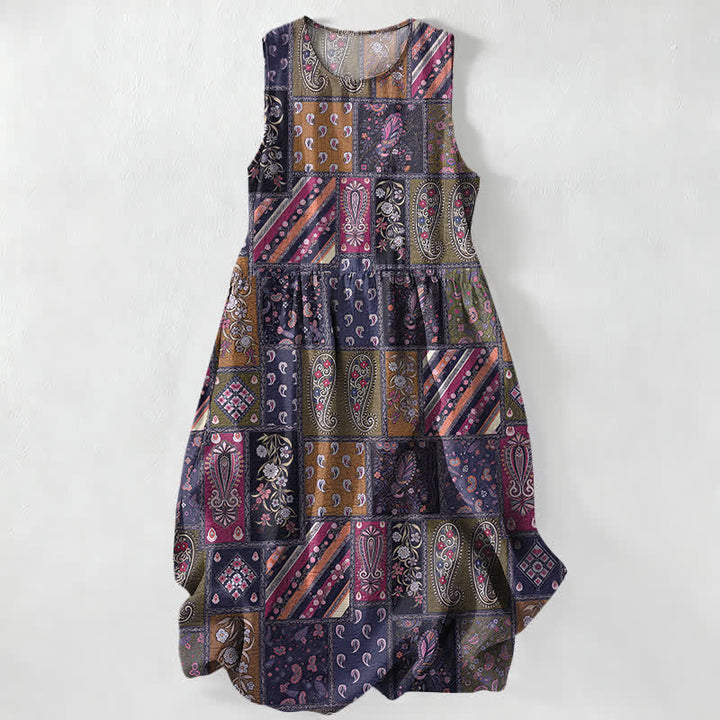 Buddha Stones Vestido midi de verano informal para mujer, color verde oliva, con estampado floral paisley y patchwork, sin mangas y con bolsillos. - Índigo - US16，UK/AU20，EU48 (3XL) - image 5