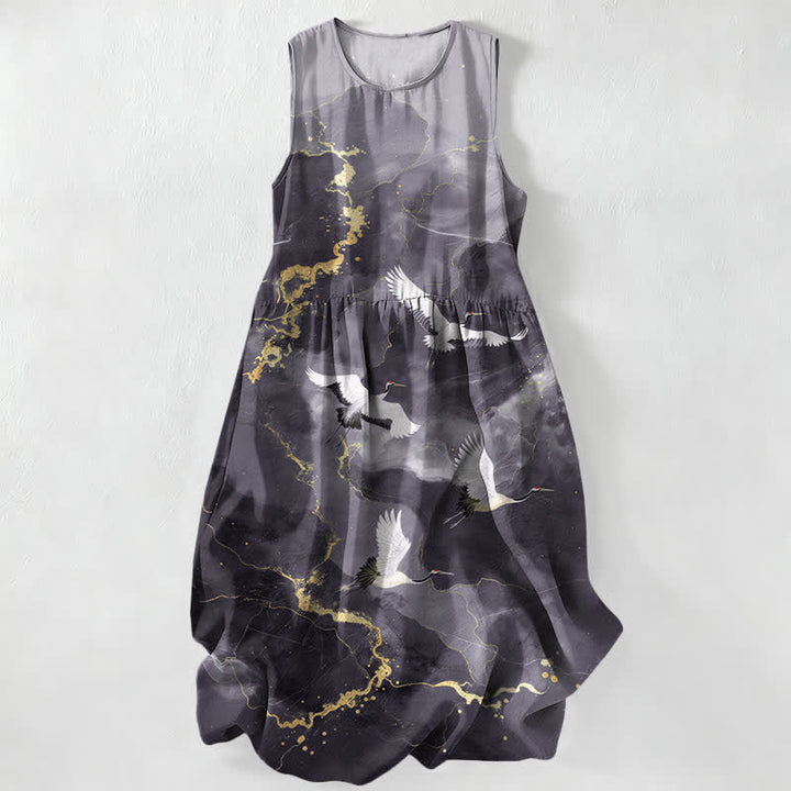 Buddha Stones Vestido midi de verano informal para mujer, color blanco, con estampado de mármol dorado y grullas, sin mangas y con bolsillos. - Gris oscuro - US16，UK/AU20，EU48 (3XL) - image 4