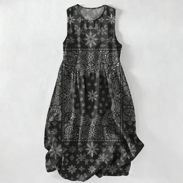 Buddha Stones Vestido midi de verano informal para mujer con estampado floral paisley y bandana, sin mangas y con bolsillos. - Negro - US16，UK/AU20，EU48 (3XL) - image 0