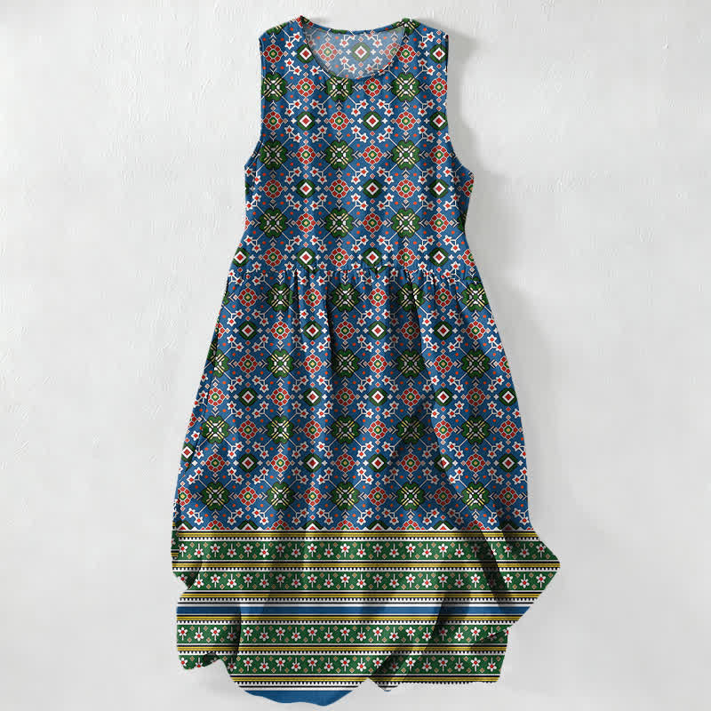 Buddha Stones Vestido midi de verano informal azul con estampado geométrico bohemio y bolsillos para mujer. - Azul oscuro - US16，UK/AU20，EU48 (3XL) - image 0