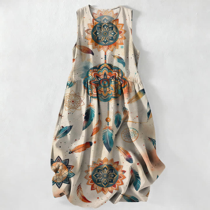 Buddha Stones Vestido midi de verano informal bohemio con estampado de mandala y plumas para mujer, sin mangas y con bolsillos. - Gainsboro - US16，UK/AU20，EU48 (3XL) - image 0