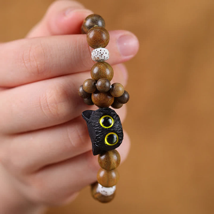 Buddha Stones Pulsera de cuentas de madera de ébano con diseño de gato de la suerte para conectar con la tierra - image 3