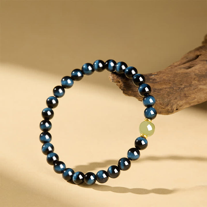 Buddha Stones Pulsera de cuentas redondas de jade Hetian ojo de tigre azul, pulsera de intuición - image 4