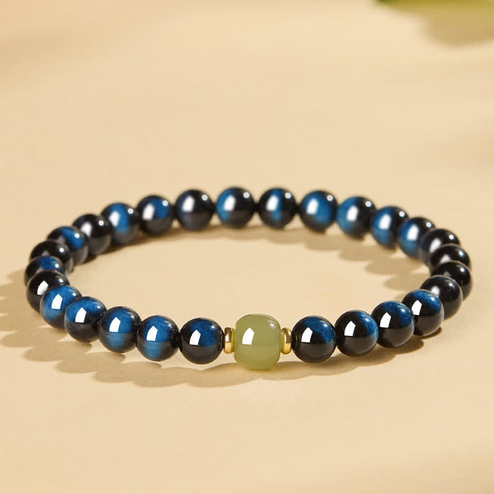 Buddha Stones Pulsera de cuentas redondas de jade Hetian ojo de tigre azul, pulsera de intuición - image 8
