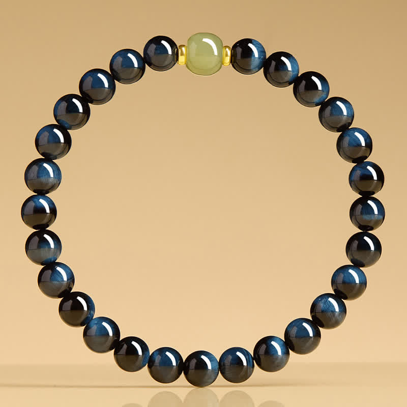 Buddha Stones Pulsera de cuentas redondas de jade Hetian ojo de tigre azul, pulsera de intuición - image 3