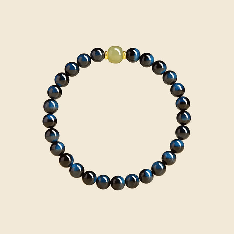 Buddha Stones Pulsera de cuentas redondas de jade Hetian ojo de tigre azul, pulsera de intuición - image 1