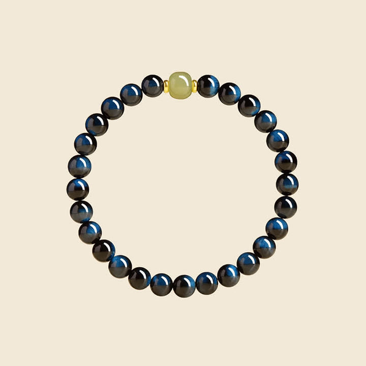 Buddha Stones Pulsera de cuentas redondas de jade Hetian ojo de tigre azul, pulsera de intuición - image 1