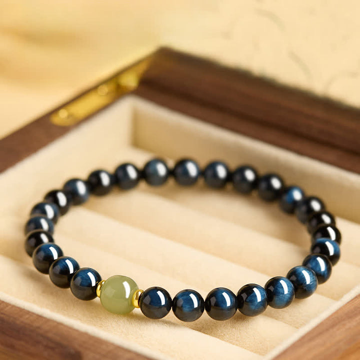 Buddha Stones Pulsera de cuentas redondas de jade Hetian ojo de tigre azul, pulsera de intuición - 8 mm - image 0