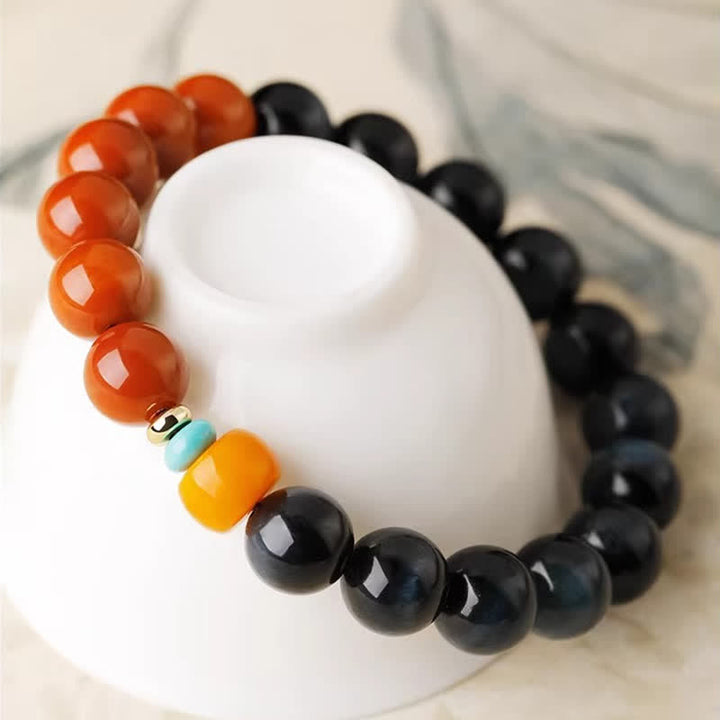 Buddha Stones Pulsera de cuentas redondas de ágata roja y ojo de tigre azul del sur - image 2