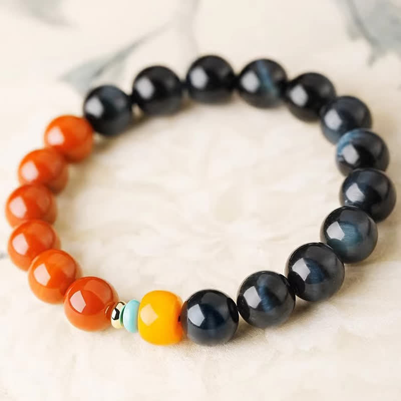 Buddha Stones Pulsera de cuentas redondas de ágata roja y ojo de tigre azul del sur - image 1