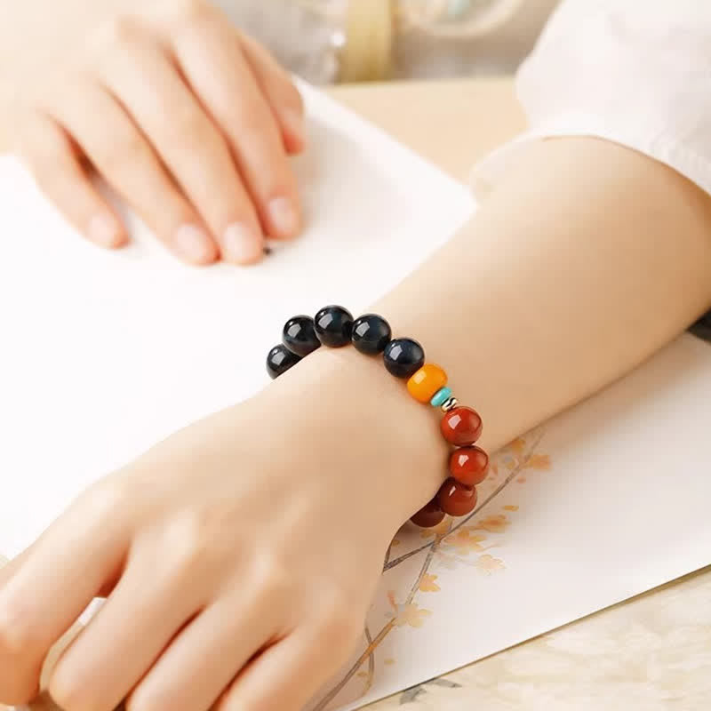 Buddha Stones Pulsera de cuentas redondas de ágata roja y ojo de tigre azul del sur - image 10