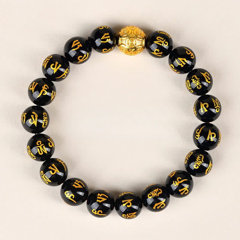 Buddha Stones Pulsera de fuerza Om Mani Padme Hum de obsidiana negra - 10 mm - image 1