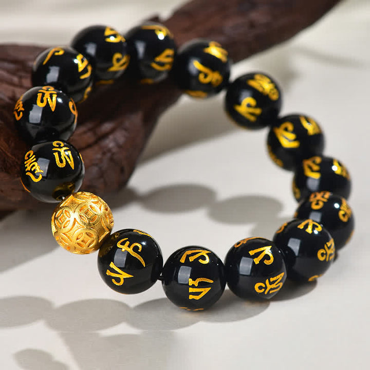 Buddha Stones Pulsera de fuerza Om Mani Padme Hum de obsidiana negra - image 3