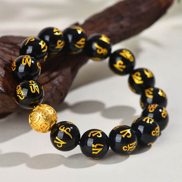 Buddha Stones Pulsera de fuerza Om Mani Padme Hum de obsidiana negra - image 12
