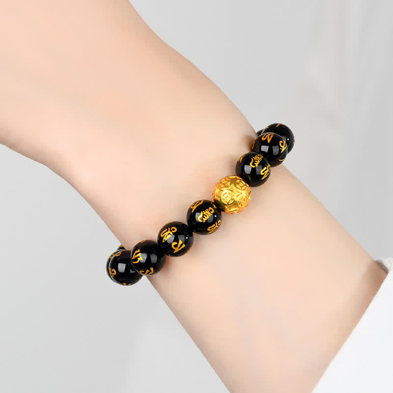 Buddha Stones Pulsera de fuerza Om Mani Padme Hum de obsidiana negra - image 8