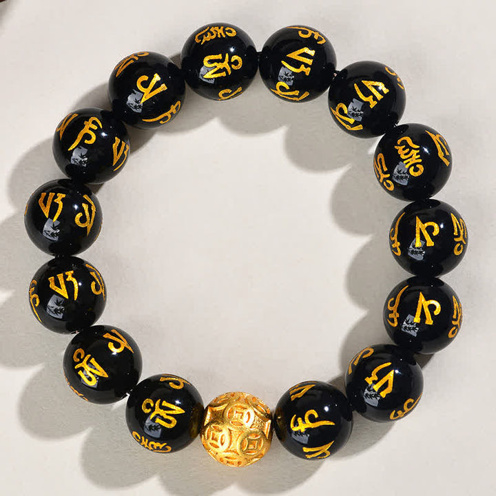 Buddha Stones Pulsera de fuerza Om Mani Padme Hum de obsidiana negra - image 10
