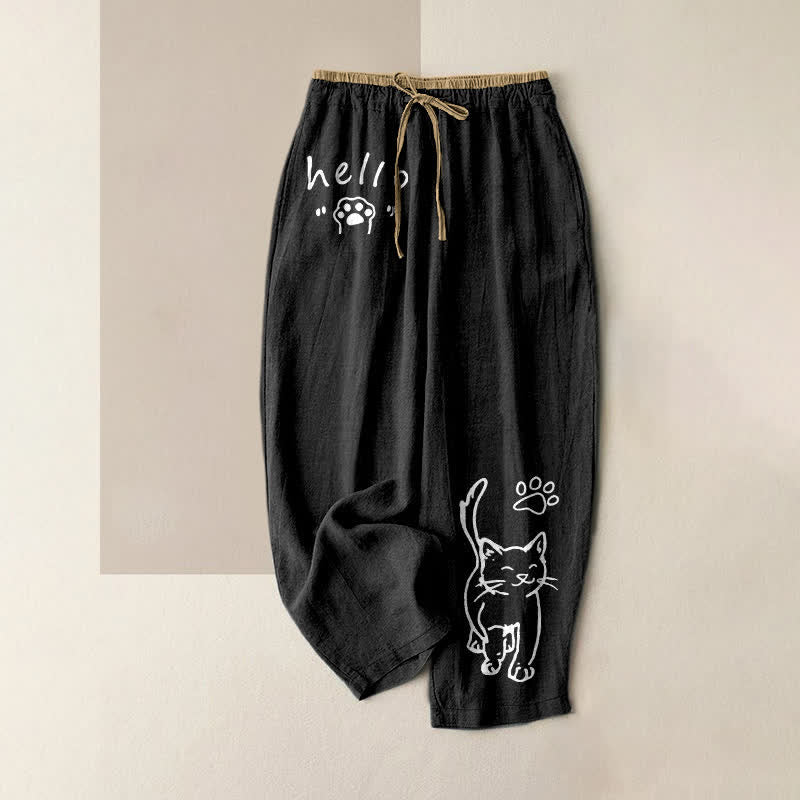 Buddha Stones Pantalones de mujer de algodón puro con estampado de huellas de gato y cintura elástica con bolsillos. - Negro - US16，UK/AU20，EU48 (3XL) - image 0